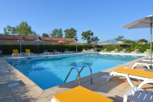 una gran piscina con sillas y sombrillas en Hotel Le Lido en Lucciana