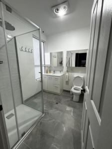 a bathroom with a shower and a toilet and a sink at The Ryrie Loft in Geelong