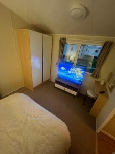 Kinmel BayにあるSundaes caravan rentalのベッドルーム1室(ベッド1台付)、窓に水槽が備わります。