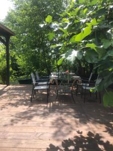 a table and chairs sitting under a tree at Jacuzzi avec vue sur la rivière l'Yerres in Yerres +19 photos