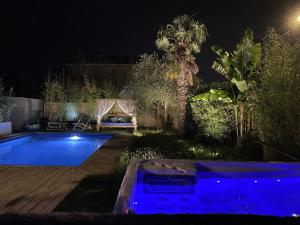 Unique! jacuzzi privé 35°C + cinéma Villa entière في ميزيو: حديقة خلفية مع حمام سباحة في الليل