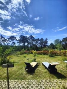 two picnic tables and a bench in a field at O Gato do Mar in Viana do Castelo