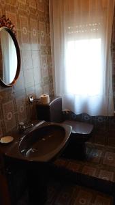 a bathroom with a sink and a toilet and a mirror at casa 1, 2 o 3 habitaciones - HOSTAL CAMELOT in Fabero