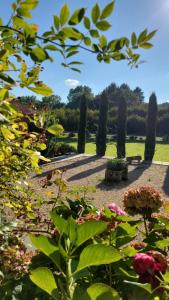 un giardino con alberi e un sentiero fiorito di La Treille - Grand jardin avec Piscine & Tennis a Saint-Hilaire-du-Bois