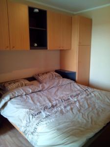 Cama grande en habitación con armarios de madera en Apartment Green Garden Block L, en Middelkerke