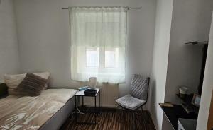 UlmerfeldにあるApartment im Zentrum Ulmerfeldsのベッドと椅子と窓のある寝室