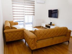 a living room with a couch and a tv at Aylin Apartman in Sarajevo