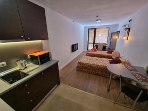 a room with a kitchen and a living room with a bed at Mountain Paradise 2 - Quiet Cosy Studio - Balcony, Wifi in Bansko