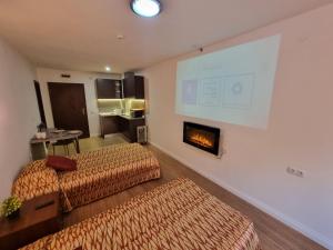 a hotel room with two beds and a large screen at Mountain Paradise 2 - Quiet Cosy Studio - Balcony, Wifi in Bansko
