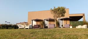 a group of lawn chairs and umbrellas in front of a building at Moimenta Guest House in Mindelo