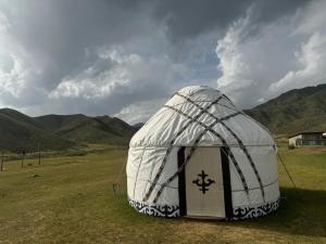 a dome tent in a field with mountains in the background at KYZYL-TASH Agrofarm in Egilik