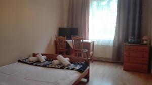 Schlafzimmer mit einem Bett, einem Tisch und einem Fenster in der Unterkunft Restauracja - Hotel Nova in Skępe