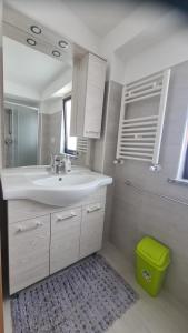 un bagno con lavandino e un cestino verde di Casa in Piazza a Cinquefrondi Altre 16 foto