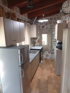 a kitchen with stainless steel appliances and a stone wall at Villa Despoina in Amarinthos