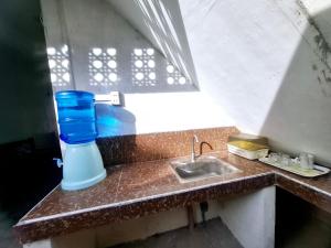 a kitchen counter with a sink and a blue bottle on it at Alexa's Homestay in Burgos