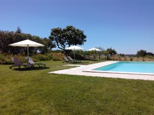 a swimming pool with chairs and umbrellas next to a yard at MirArte in Montemor-o-Novo