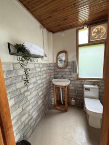 a bathroom with a sink and a toilet and a window at Baserah - Cafe & Stay in Jibhi