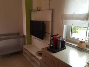 a kitchen with a counter with a coffee maker and a television at Apartment Alexis Stefanos in Himare