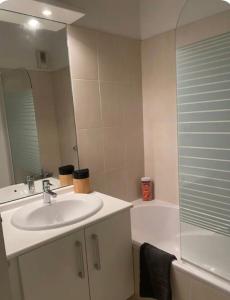 Un baño con lavabo, ducha y bañera. en Appartement avec terrasse, en Nimes