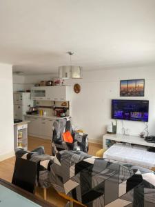 エヴィアン・レ・バンにあるAppartement Au bord du Lac de Genèveのリビングルーム(椅子2脚、ソファ付)