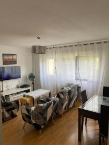 エヴィアン・レ・バンにあるAppartement Au bord du Lac de Genèveのソファ2つとテーブルのあるリビングルーム