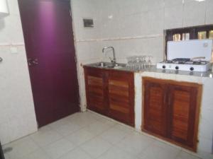 a kitchen with a sink and a stove at Regina Santiago in São Tomé