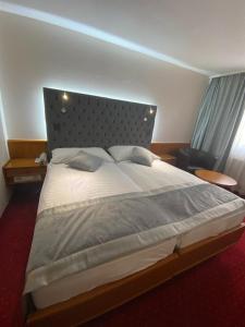 a bedroom with a large bed with a large headboard at Hôtel des Trois Rois in Le Locle