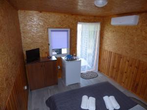 a bedroom with a bed and a television and a window at Приватна Садиба "У Оксани" in Pulʼmo