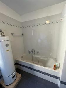 een badkamer met een bad en een fontein bij Affittacamere Leonardo in Sùtrio