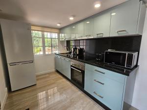 a kitchen with a refrigerator and a microwave at DELUXE Studio ATHOS 50 MP Garden patio BENALMADENA Golf & Beach in Benalmádena