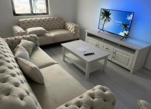 a living room with a couch and a tv at Apartments Cinderella with City View in Mostar