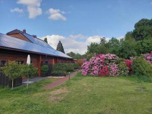 a garden with pink flowers next to a building at Hempen Fied Gästehaus - Apartment 2 in Bad Zwischenahn
