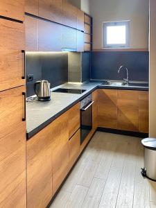 ヴロラにあるAulona Luxury Seaview Residencesのキッチン(木製キャビネット、カウンターの鍋付)