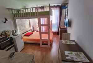 a small room with a bunk bed and a desk at Family Studio flat in Tŭnkovo +18 photos