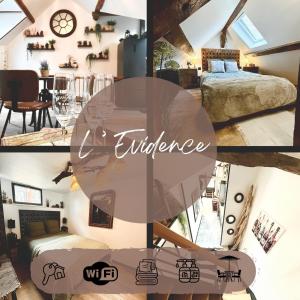 een collage van foto's van een slaapkamer en een woonkamer bij L'Evidence, appartement authentique - Epernay in Épernay