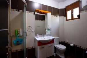 a bathroom with a sink and a toilet and a shower at Doel's Villa in Gjirokastër