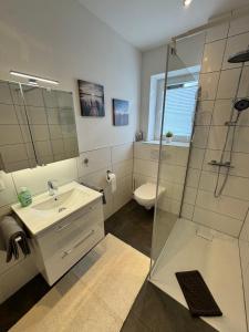 a bathroom with a shower and a sink and a toilet at Naturzeit Mardorf in Neustadt am Rübenberge +16 photos