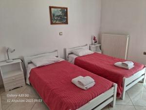 2 łóżka w sypialni z czerwoną pościelą i ręcznikami w obiekcie Mimi's sunnyview house w mieście Vlachata