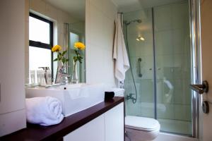 a bathroom with a sink and a toilet and a shower at Heidelberg Haus Apart Hotel in Santiago