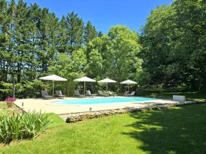 a swimming pool with chairs and umbrellas at Gîte de charme en Dordogne avec piscine et jardin - FR-1-616-485 in Berbiguières