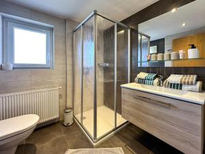 a bathroom with a shower and a toilet at Appartements Bergfried - Ski In Ski Out, inklusive Sommerkarte, zentral mit Ausblick über Kaprun in Kaprun