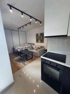 a kitchen and living room with a stove and a couch at Y apartman Zvezdara in Belgrade