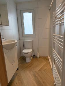 a bathroom with a toilet and a sink and a window at Luxe chalet met ruime veranda & airco, vlakbij Toverland in Sevenum