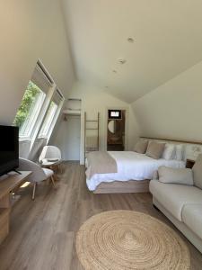 a bedroom with a bed and a couch and a tv at Luar do Sarela Rooms in Santiago de Compostela