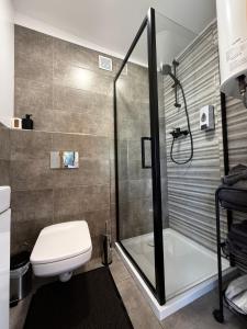 a bathroom with a shower and a toilet and a sink at Doles Perle in Ķekava +50 photos