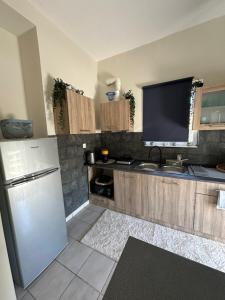 a kitchen with a refrigerator and a sink and a tv at Bella Elena 1 in Nea Makri
