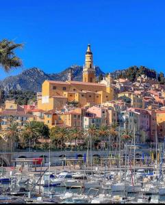 un grupo de barcos atracados en un puerto con una ciudad en Palais de la rose 3, en Menton