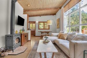 Una sala de estar con un sofá y una estufa. en Serene Retreat with Hot Tub - Fire Pit - Deck, en Forestville 46 fotos más