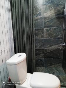 a bathroom with a toilet and a stone wall at Afroessa Apartment Ithaca ΙΙ in Vathi, Ithaka +17 photos