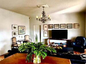 a living room with a couch and a chandelier at Villa do Conde in Brotas